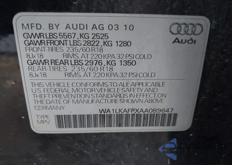 2010 Audi Q5 3.2 Premium from USA, damaged, VIN WA1LKAFPXAA089647